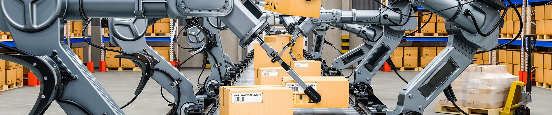 robots working in warehouse taking boxes off conveyor belt