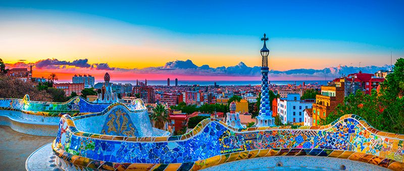 Skyline panorama of Barcelona at sunrise