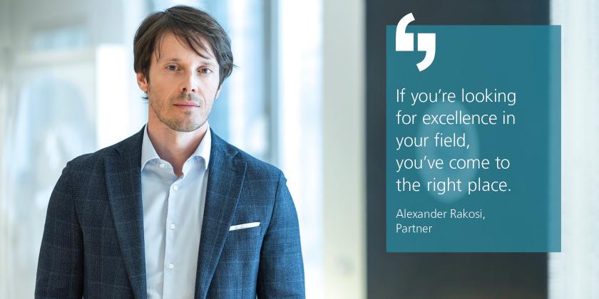 Alexander with a the quote "If you're looking for excellence in your field, you've come to the right place."