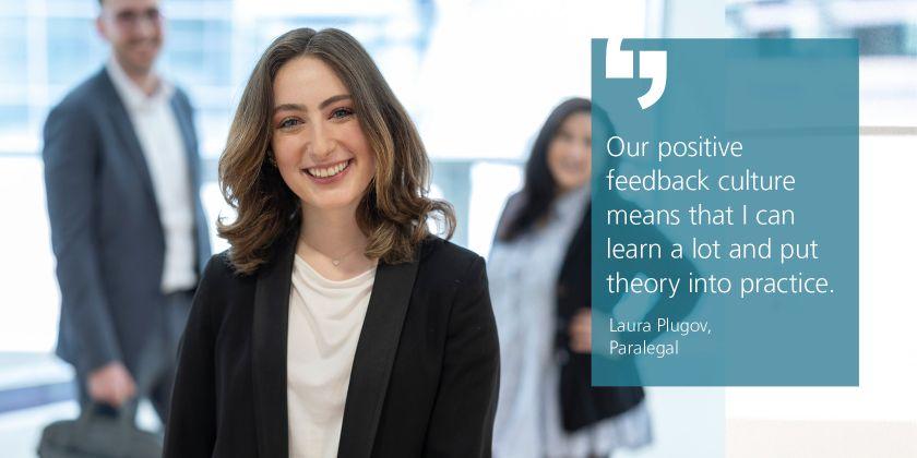 Laura Plugov with a the quote: "Our positive feedback culture means that i can learn a lot and put theory into practice.