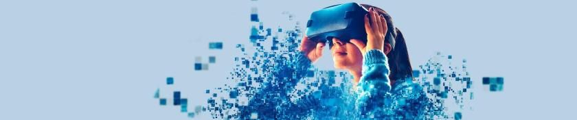 The woman with glasses of virtual reality. Future technology concept. Modern imaging technology. Fragmented by pixels. VR glasses.jpg