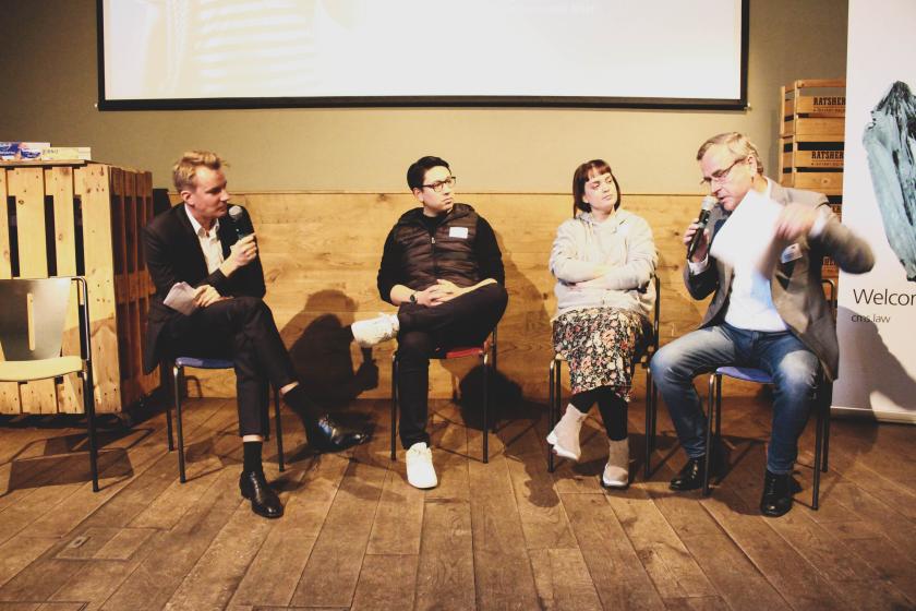 v.l.n.r.&nbsp;Dr. Martin Gerecke, CMS in Hamburg;&nbsp;Philipp John, ReachHero;&nbsp;Vreni Frost, Influencerin;&nbsp;Thomas Fuchs, Landesmedienanstalt HSH