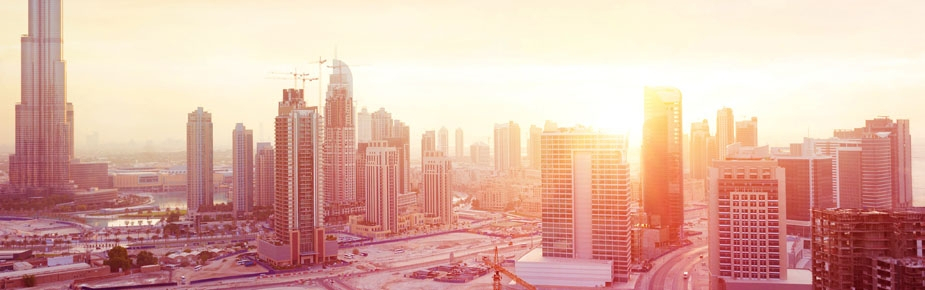 city skyline at sunset