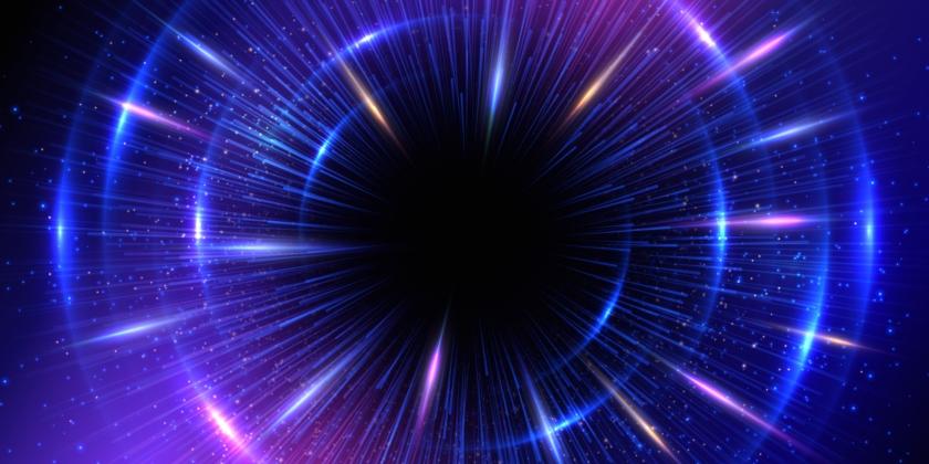 Radial burst of light and energy emanating from a black centre