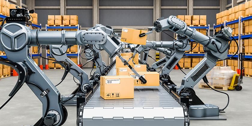 robots working in warehouse taking boxes off conveyor belt