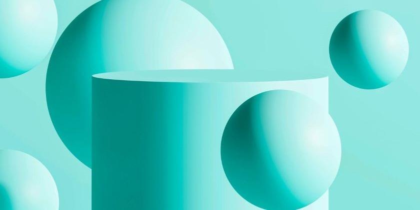 Abstract display podium stand with balls on blue background - 840 x 420