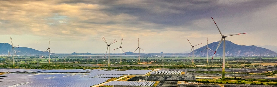 solar panels, wind turbines farm