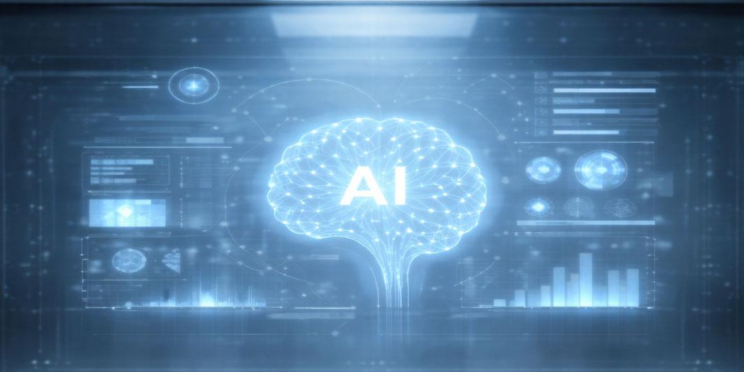 computer screen with graphs and image of brain with AI