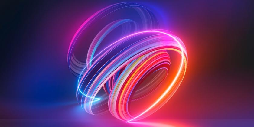 3d render, colorful background with abstract shape glowing in ultraviolet spectrum, curvy neon lines.