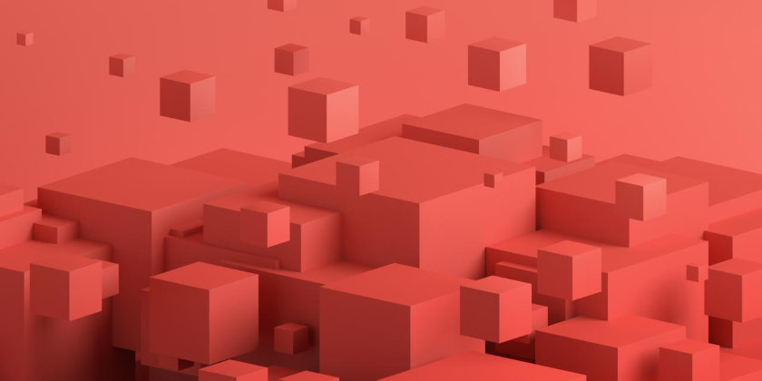 Abstract 3d render, geometric composition, red background design with cubes