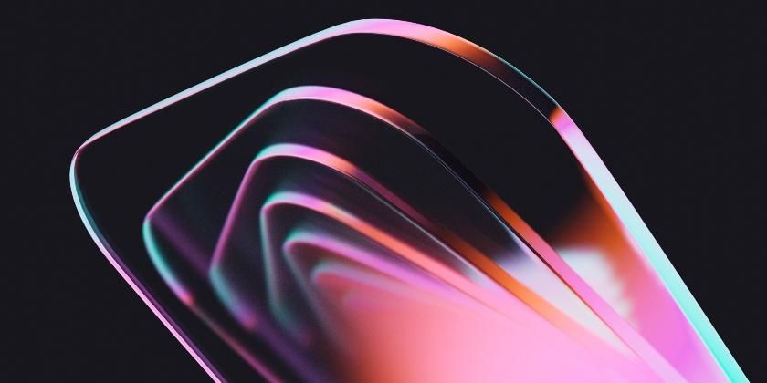Colourful abstract 3D glass-like layers with curved edges on a dark background