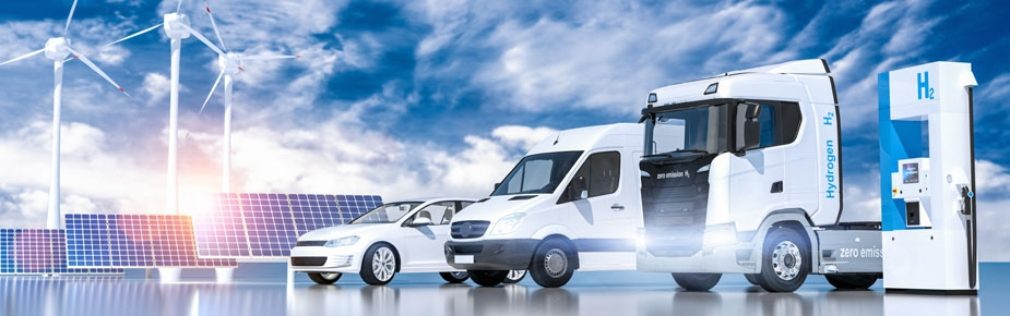solar panels, wind turbines and a hydrogen vehicle