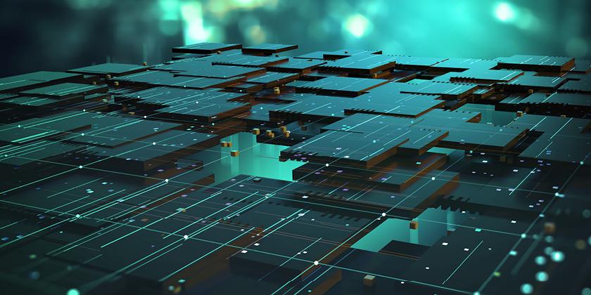 Blockchain, high-tech background and information clusters. Bigdata concept of digital cyberspace. Quantum Architecture 3D Illustration