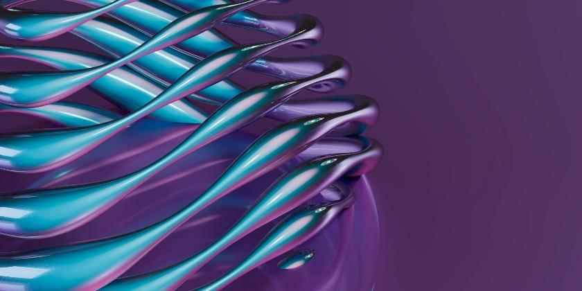 Abstract iridescent metallic swirl on purple background