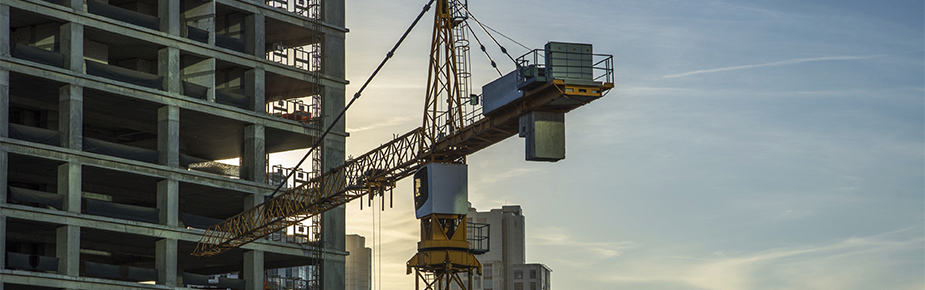 Building construction site and crane