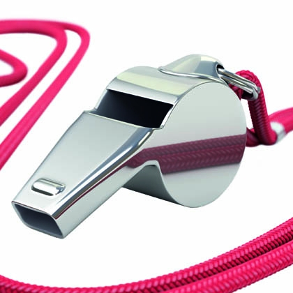 Silver whistle with red cord