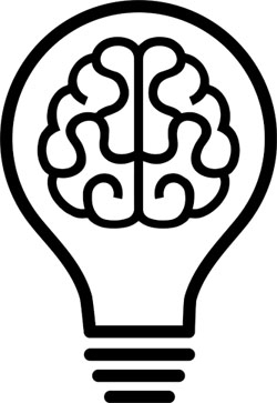 pictogram of brain inside a lightbulb