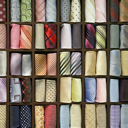 consumer products shelf with colourful ties