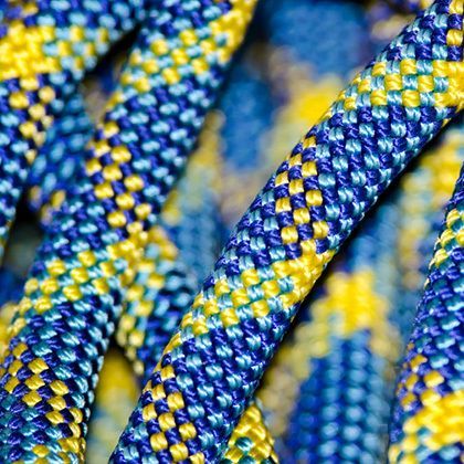 closeup of a yellow-blue climbing rope