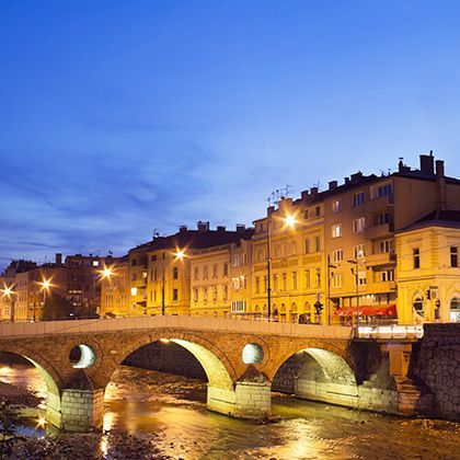 bridge on miljacka river in sarajevo the capital city of bosnia and herzegovina, at dusk