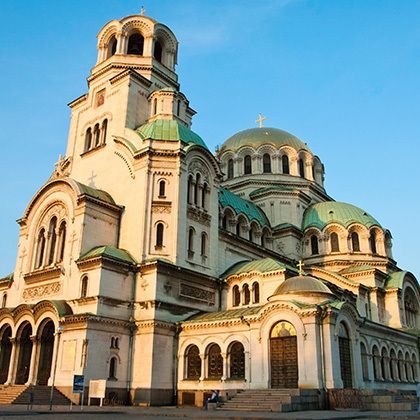 morning light shining on alexander nevsky orthodox cathedral in sofia, bulgaria