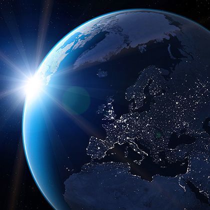 view from space showing globe with europe at night