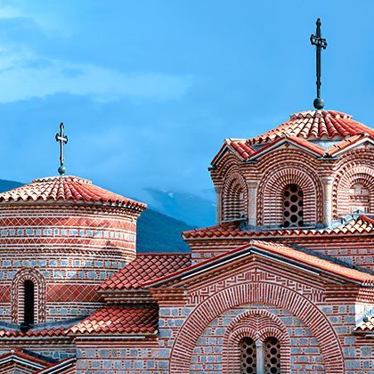 view at beautifully painted saint panteleimon monastery in ohrid, macedonia