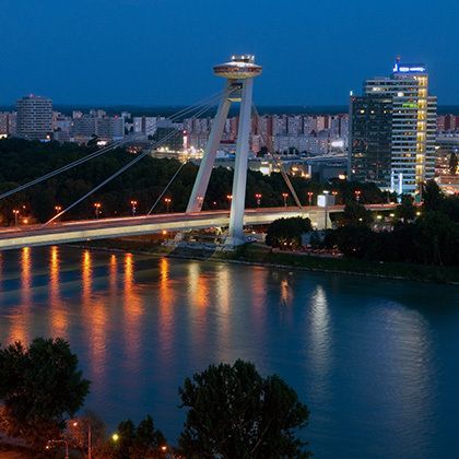 view from bratislava castle at river danube and new bridge in slovakia