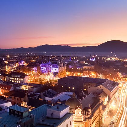 aerial panoramic view of romantic medieval ljubljana's city center, the capital of slovenia