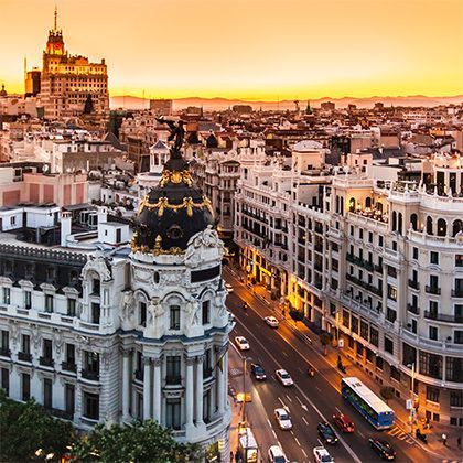 panoramic aerial view of gran via, main shopping street in madrid, spain