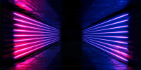 3d render. Geometric figure in neon light against a dark tunnel. Laser line glow