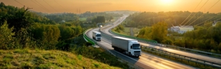 trucks driving through a forest