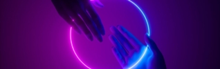 hands holding a neon circle against purple background