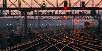 Train approaching red signals on rail track