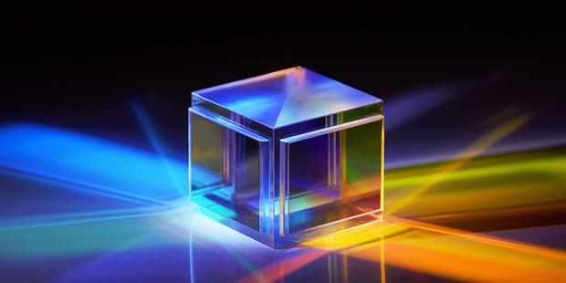 glass cube with coloured light reflections