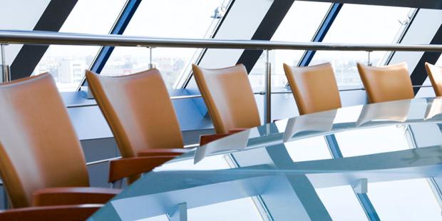 boardroom table - glass table with brown leather seats