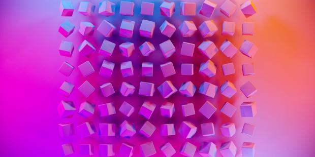 3d illustration of rows of pink cubes under a blue-pink neon color