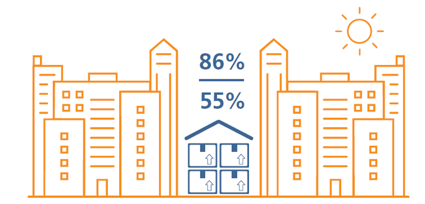 pictogram of orange and blue office blocks