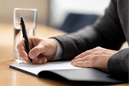 A businessman in a suit writing notes in a notebook at a desk, focused on his work.