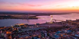  Cityscape of Maputo from above with new Golden Bridge, capital city of Mozambique, Africa